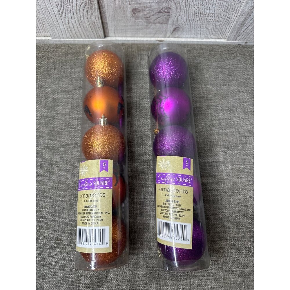 6 pk Halloween Ball Ornaments 2.66" Purple & Orange Glitter & Spiders Set of 2
